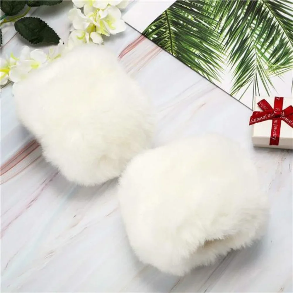 White Fuzzy Faux Fur Pom Pom Wrist Cuffs Furry Arm Bands Arm Warmers‎ Gloves